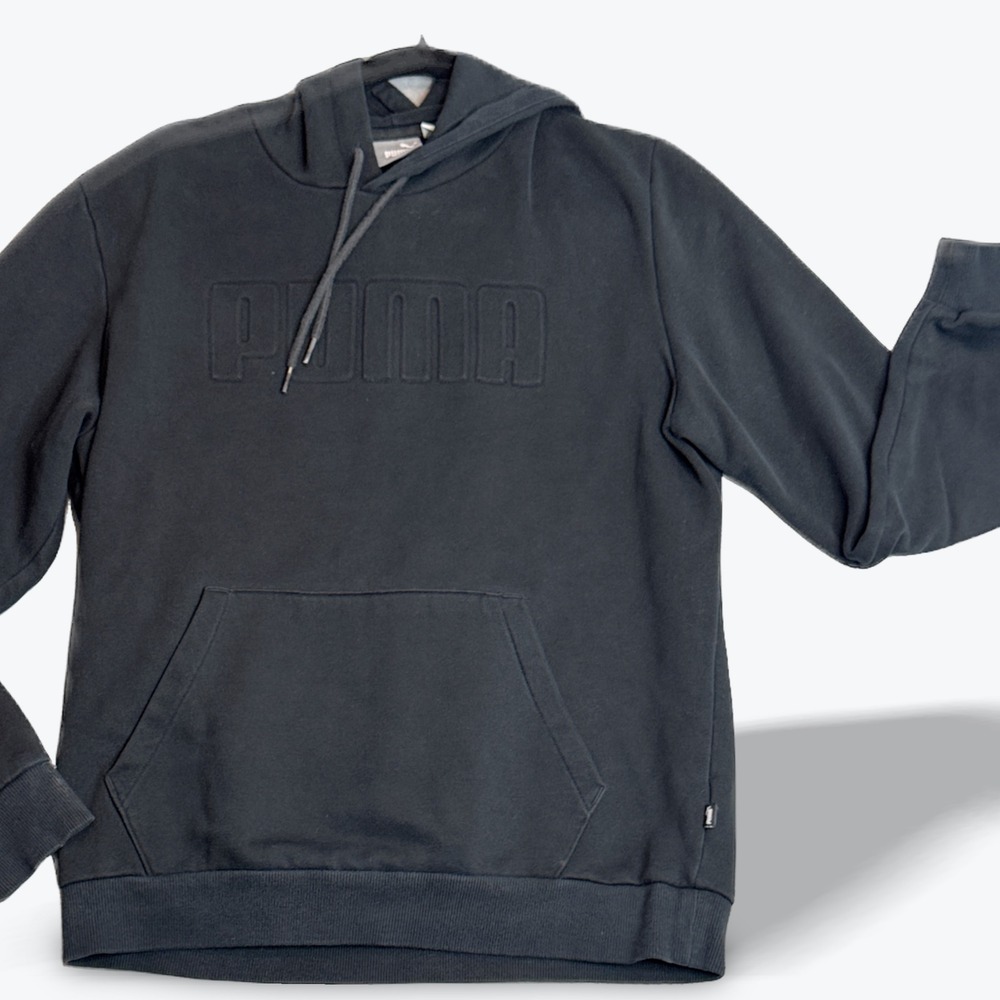Puma Logo Pullover Hoodie Mens Black‎ Embossed Sweatshirt Casual Activewear
